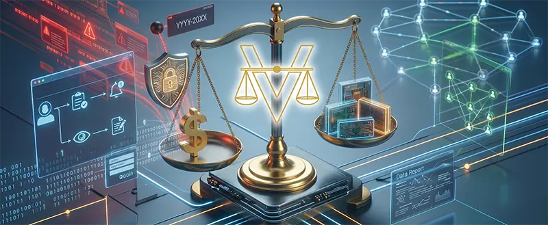 3D-визуализация Legal Design комплаенса: весы правосудия с логотипом Veris Legal, схемы интерфейса согласий и баланс финансовых рисков в подписочных сервисах