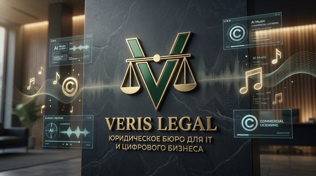 3D-рендер в стиле dark luxury: золотой логотип VERIS LEGAL на темном мраморе, окруженный нотным станом, звуковой волной, знаками авторского права и весами правосудия