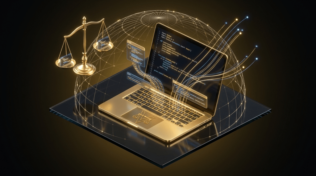 3D-визуализация LegalTech: золотой ноутбук с кодом, весы правосудия и цифровая сеть Veris Legal